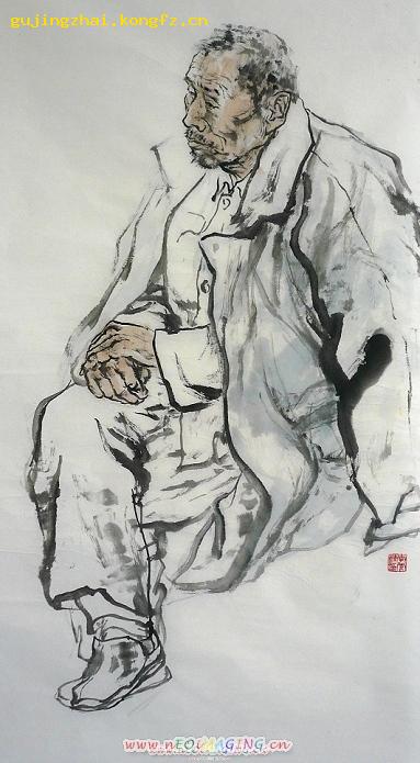 《坐式老人像》人物写意画