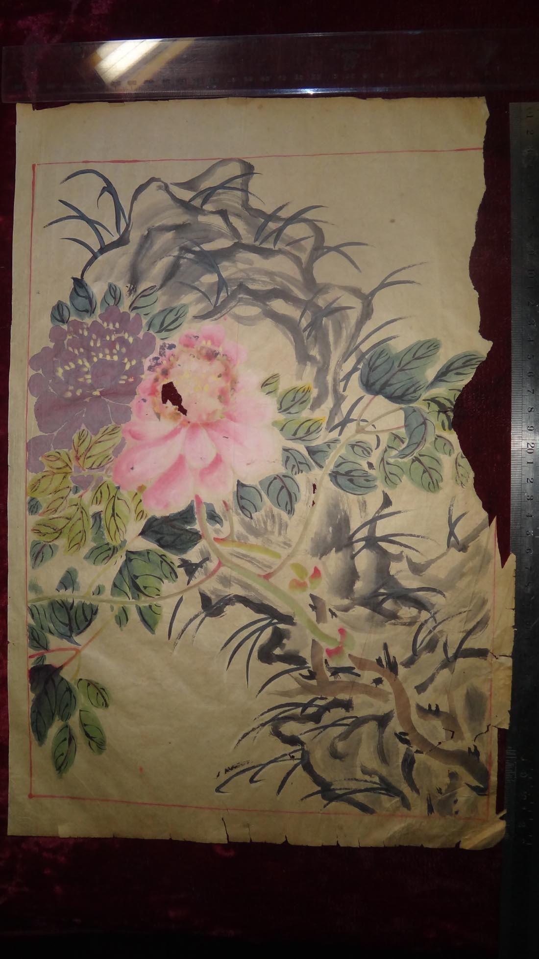 晚清民国,无款旧花鸟画一幅-兰石图,包老