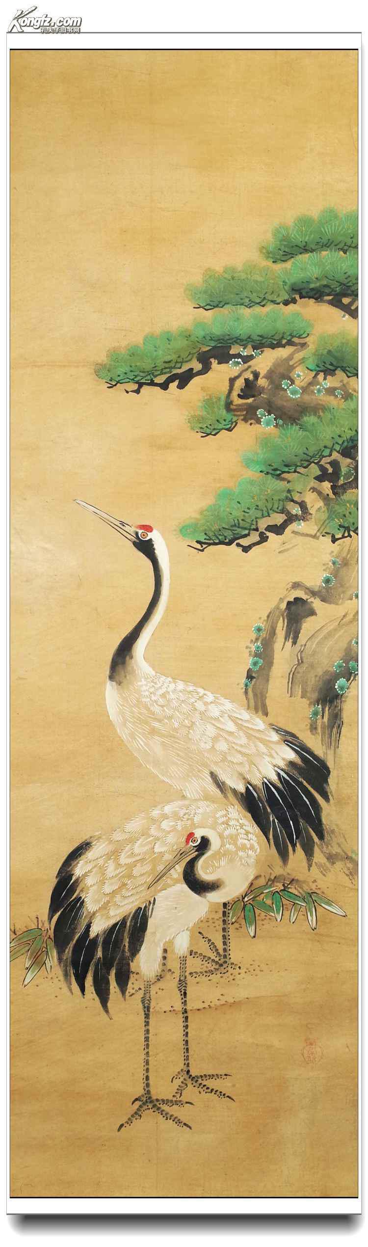 明末清初日本画坛巨匠 狩野常信精笔《松鹤延年》双幅 原装原裱 难得
