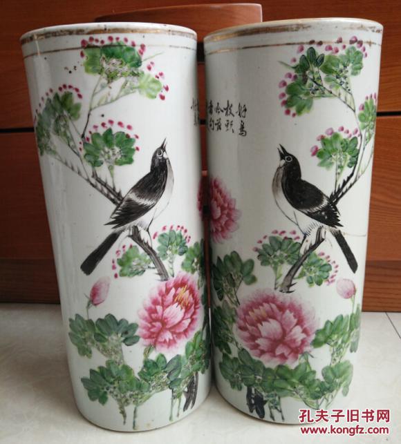 公利祥出品民国手绘五彩花鸟图原配帽筒一对包老稀少瓷器收藏