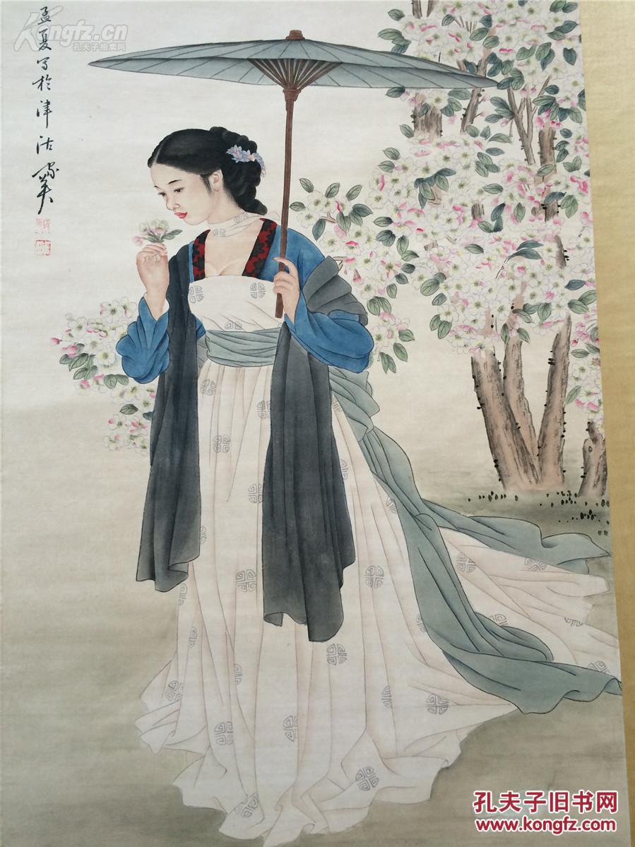 何家英名作《采花美女》精装原裱立轴 100%纯手绘 有款式品如图