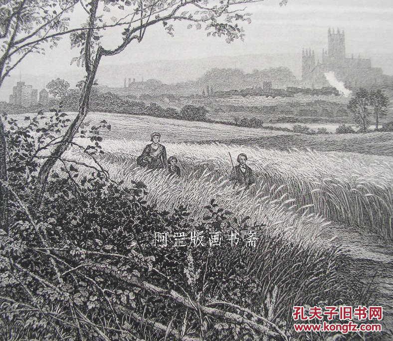 版画英国早期雕刻钢版画《坎特伯雷》乡村风景19世纪晚期钢版画