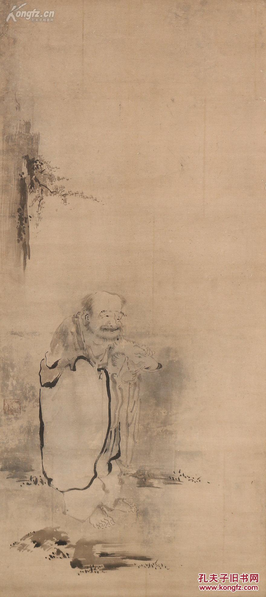 明精品日本古画日本画圣雪舟等杨14201506鹿杖仙翁图122cm53cm水墨纸
