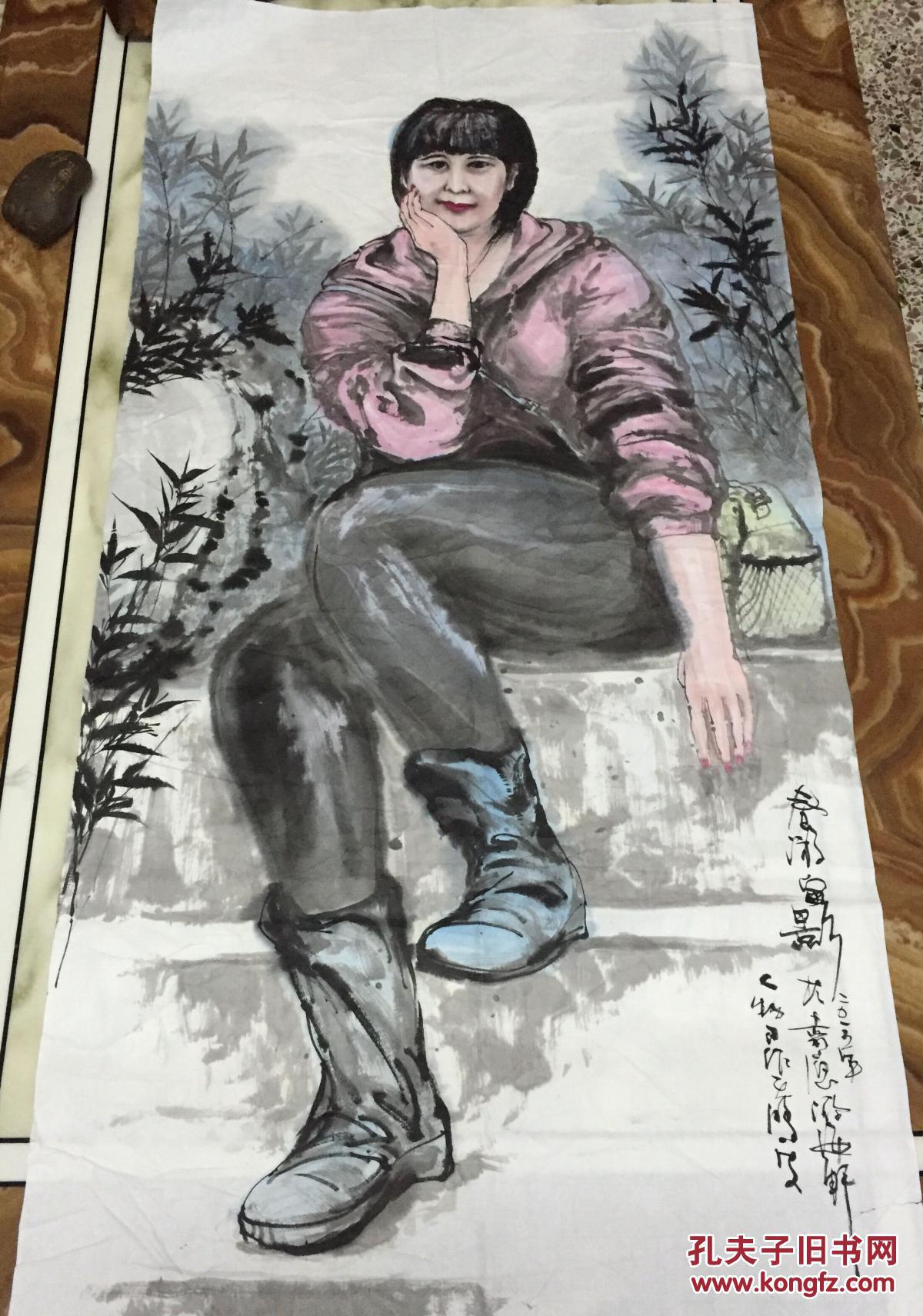 手绘真迹国画:梅州青年画家 天鸿(春游留影)人物画四尺