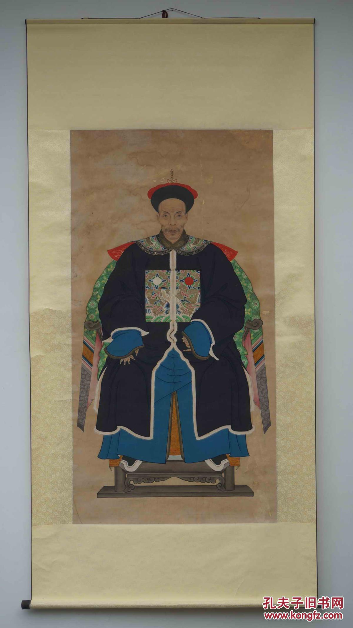 【清代工笔重彩人物像】清代太学生穿戴暖帽吉服祖宗画像容像1轴(已
