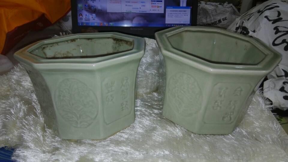 文房花盆~五 六十年代汝瓷天青色八棱梅兰竹菊花盆一对