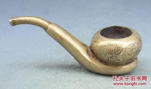 古玩杂项 纯铜雕刻花卉纹烟斗烟嘴旱烟袋