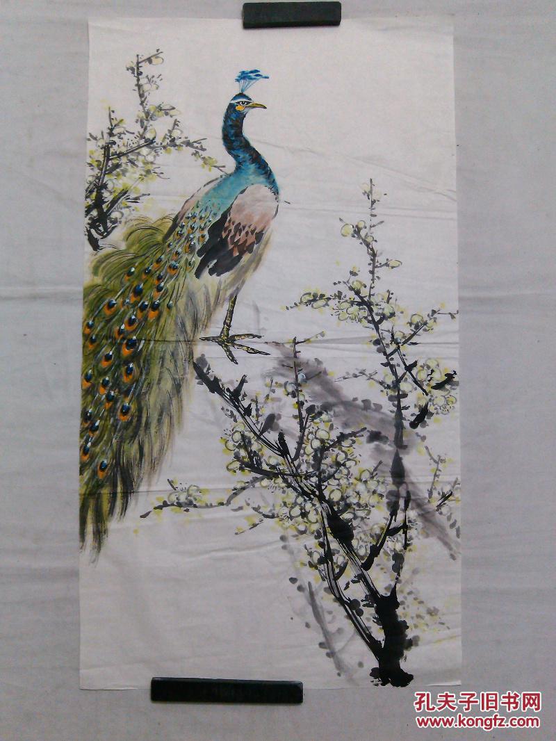 国画花鸟画无款画心梅花孔雀三尺整纸