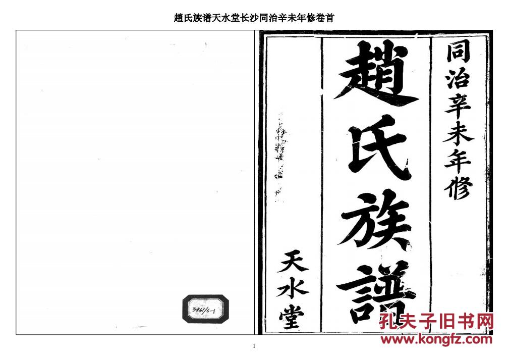 复印件赵氏族谱天水堂湖南长沙支卷首16开150页同治辛未年1871年版