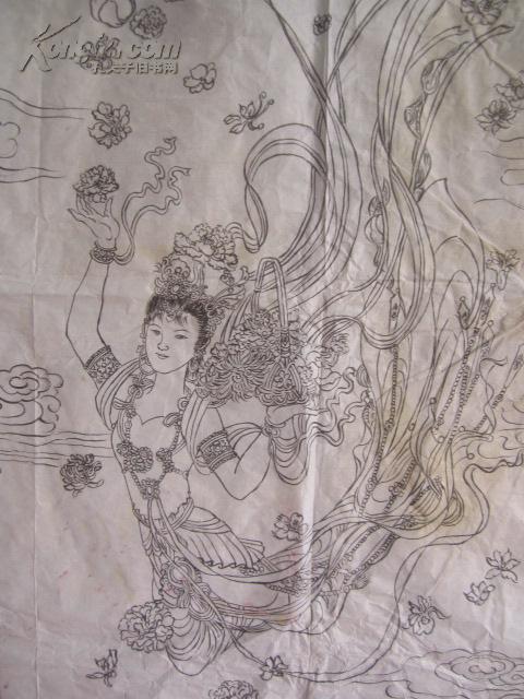 吴`金铣 作 仙女散花 工笔素描国画一幅尺寸88*55厘米