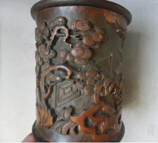 竹笔筒 王纪常【史湘云醉酒】雕工深刻流畅 包浆自然细腻