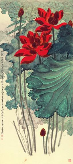 国画 名画 张大千 金线荷花