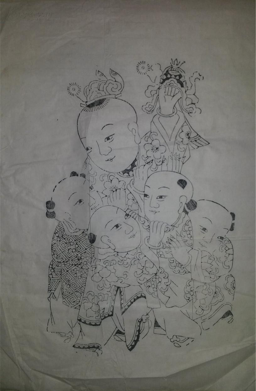 画店80年代存样线稿*木刻木版年画版画*五子夺魁*