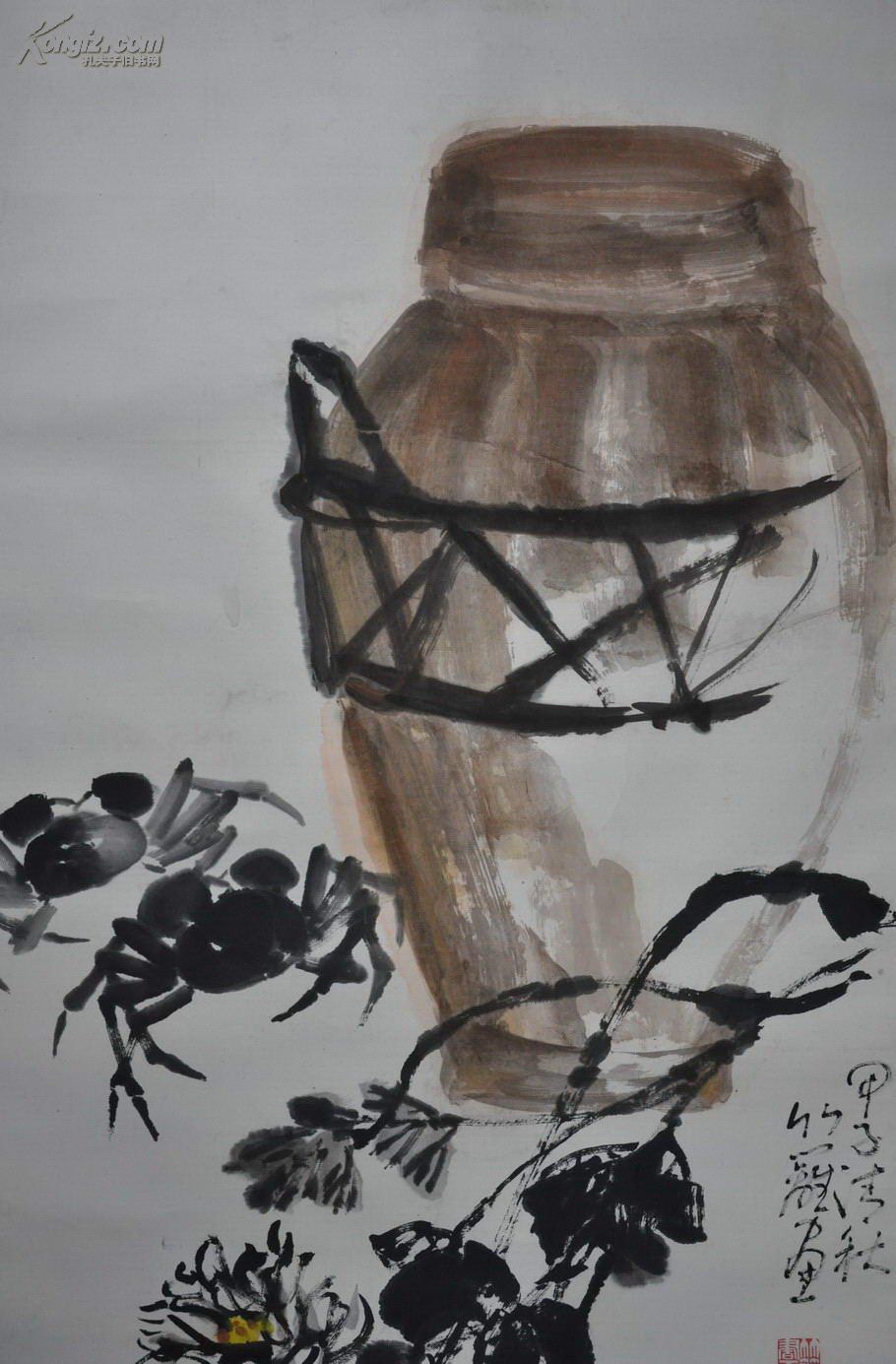 孙竹篱先生《秋菊酒坛与螃蟹,直接得自画家本人(图5)