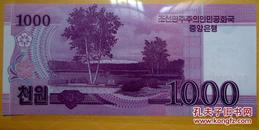 钱币  朝鲜币 1000元背面是树木 鲜花水印