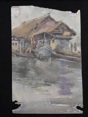 上世纪50年代前,纸本水彩画《水上人家》---无款识,无