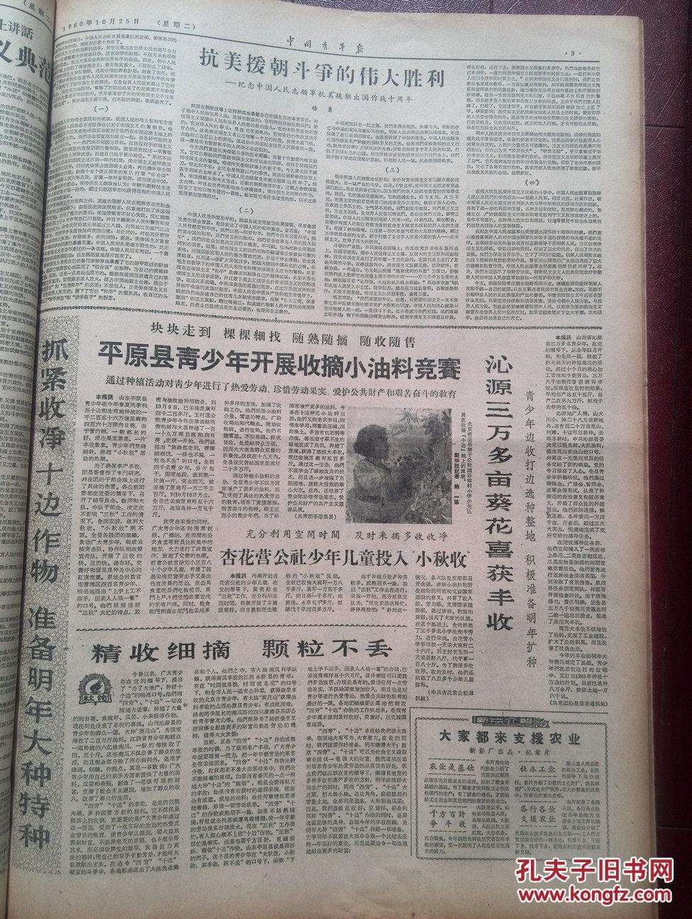 中国青年报1960年10月25日,纪念志愿军抗美援朝出国作战十周年,北京