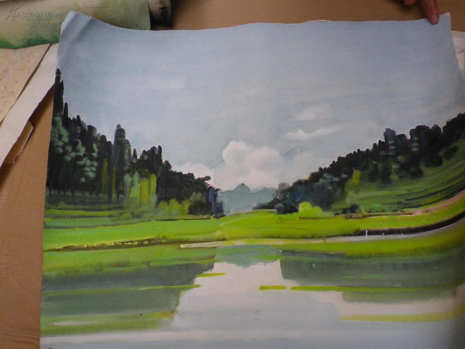 无款山水 水粉画 2张