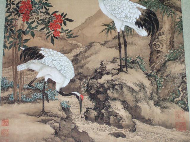 印制沈铨《松梅双鹤图》绢本立轴 带原配纸盒