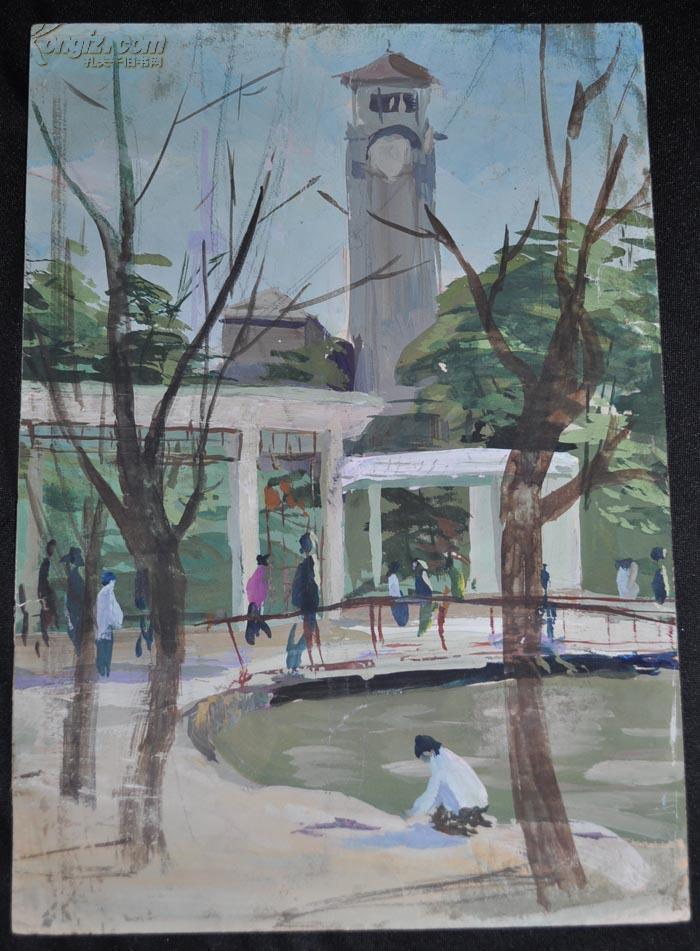 上海戏剧学院胡妙胜教授画师【胡妙胜 上海钟楼风景水粉画