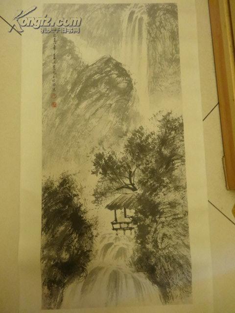 原裱一九五八年夏月傅抱石于南京款"高士观瀑图"水墨立轴,飞泉急流,云