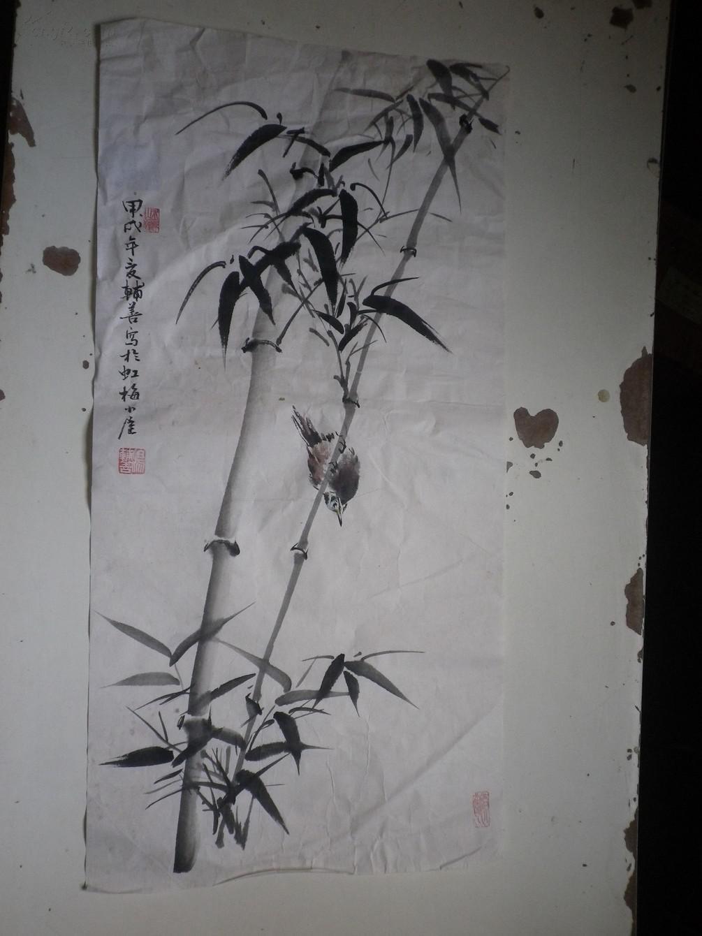 宣纸水墨画 竹鸟画 68x34
