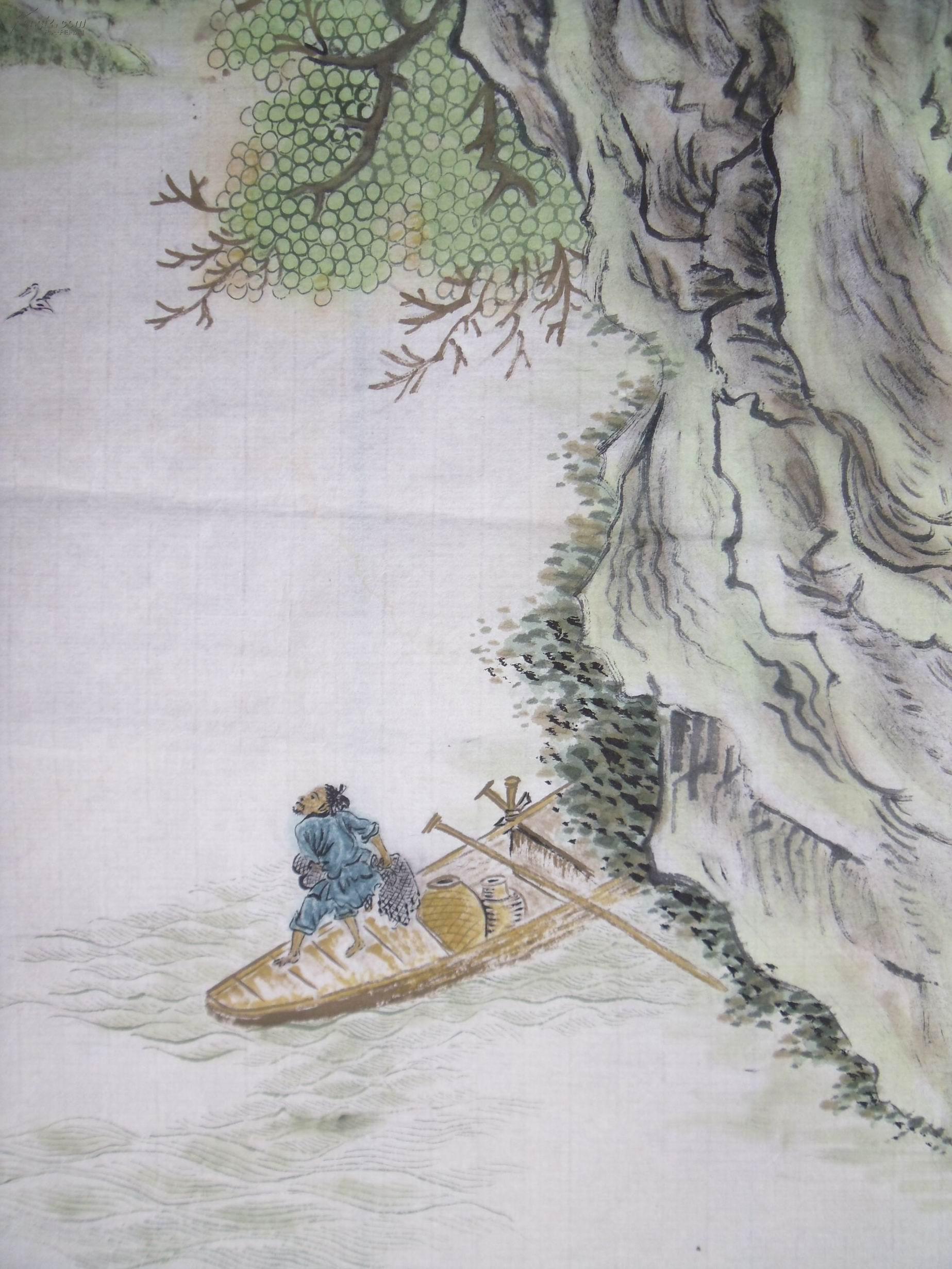 手绘真迹国画:燕山樵夫江上渔舟