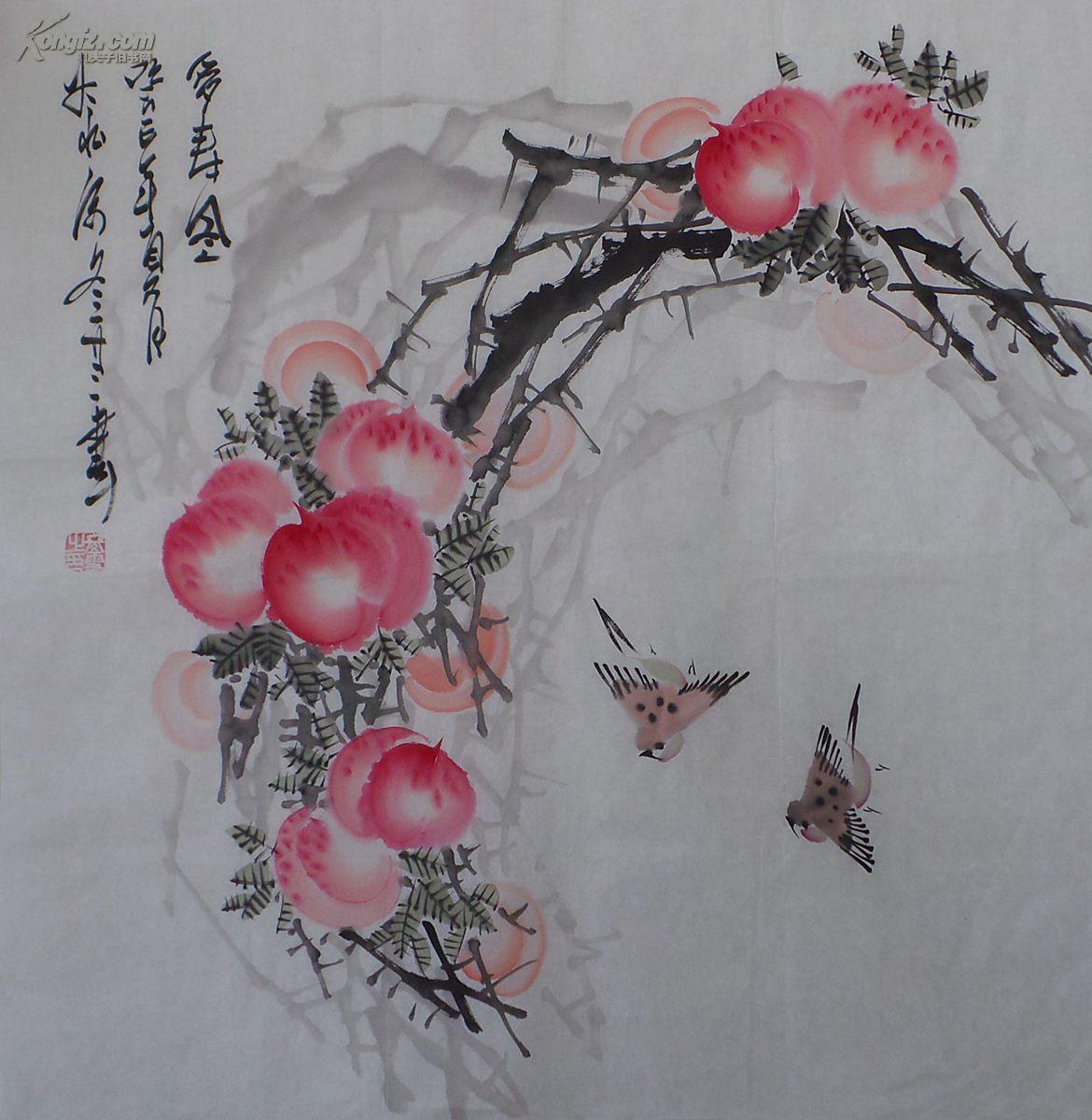 四尺斗方写意花鸟画寿桃《多寿图》gh00345 拍品编号:15800563