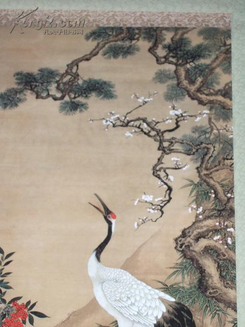 印制沈铨《松梅双鹤图》绢本立轴 带原配纸盒