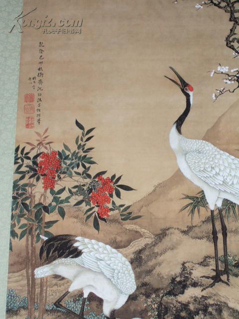 印制沈铨《松梅双鹤图》绢本立轴 带原配纸盒