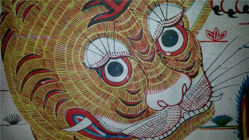 老版80年代印木刻木版年画版画*巨幅宣纸山林猛虎*90*68cm*带大师收藏