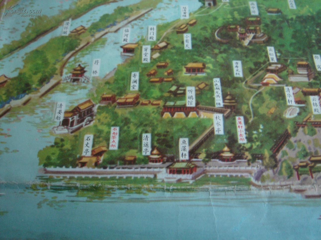 【旧地图】北京颐和园"万寿山"全景图 70年代出版 2开手绘版