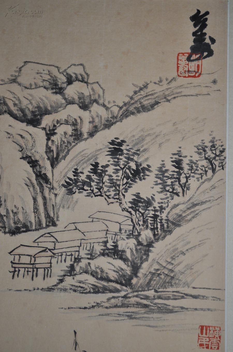 胡公寿山水绢裱镜片画