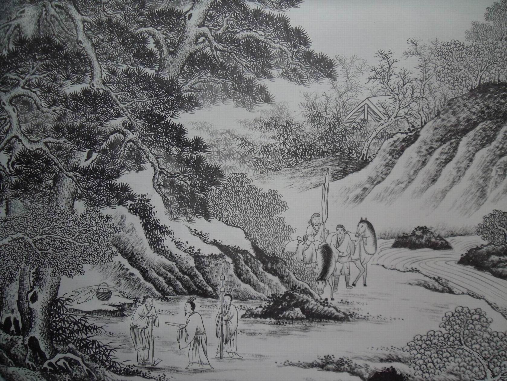 手绘真迹国画:亚文山水画《深山会友》立轴