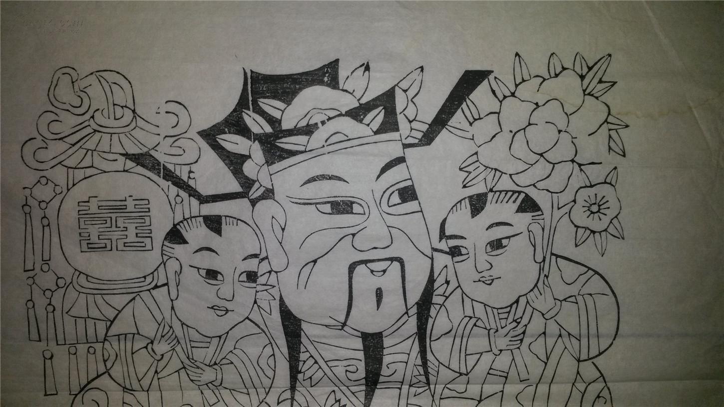 80年代印杨家埠木刻木版年画版画*五子门神线稿一对*