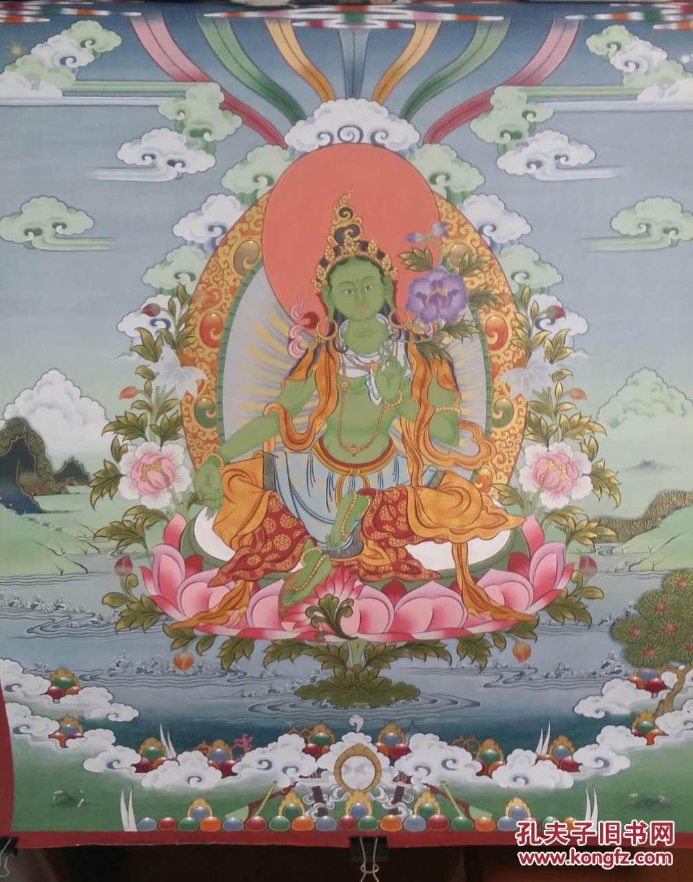 特别推荐精品唐卡--绿度母 (不丹王国唐卡绘画师纯手工绘画精品大幅作品,金线勾描画心未装裱80CM*67CM画工精湛,人物细腻