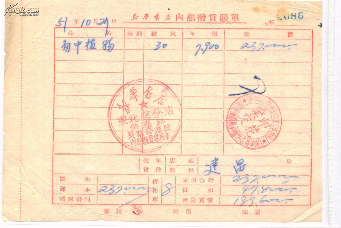 【图】1951年长春二道河子新华书店发货单印