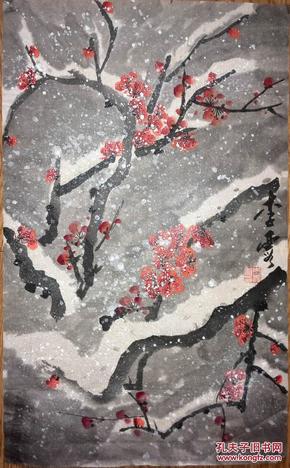 手绘真迹国画:李霞《雪中梅》