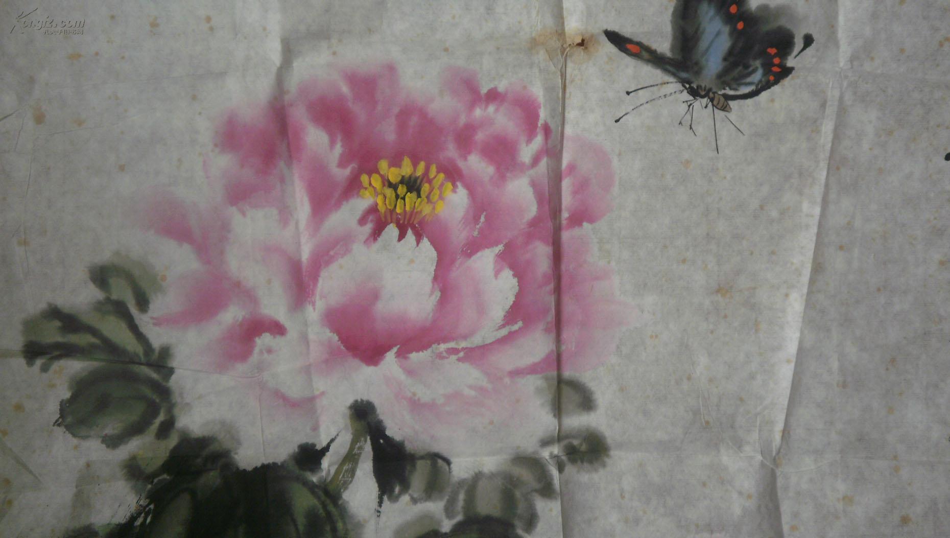 著名画家 陆瑜(人称陆牡丹,金陵牡丹王)牡丹画《蝶恋花》一幅(68厘米x