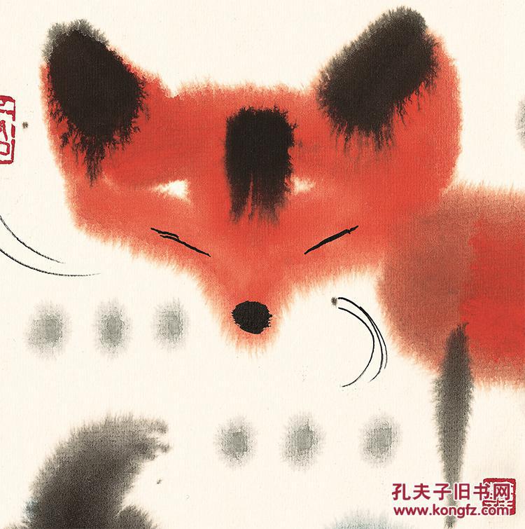 近现代-韩美林-两只狐狸-1-54x38高仿真水墨复制 国画