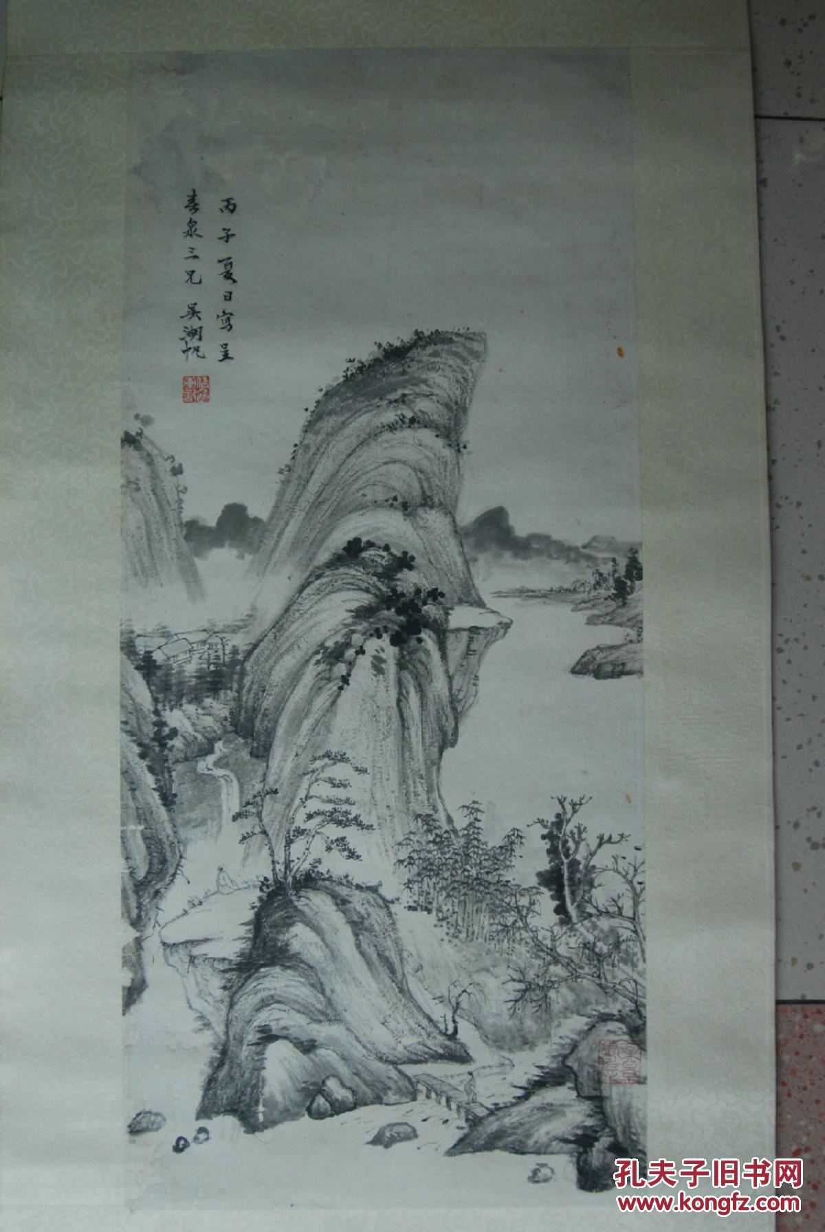 名人字画拍卖:著名画家吴湖帆先生作品,原装旧裱青绿山水