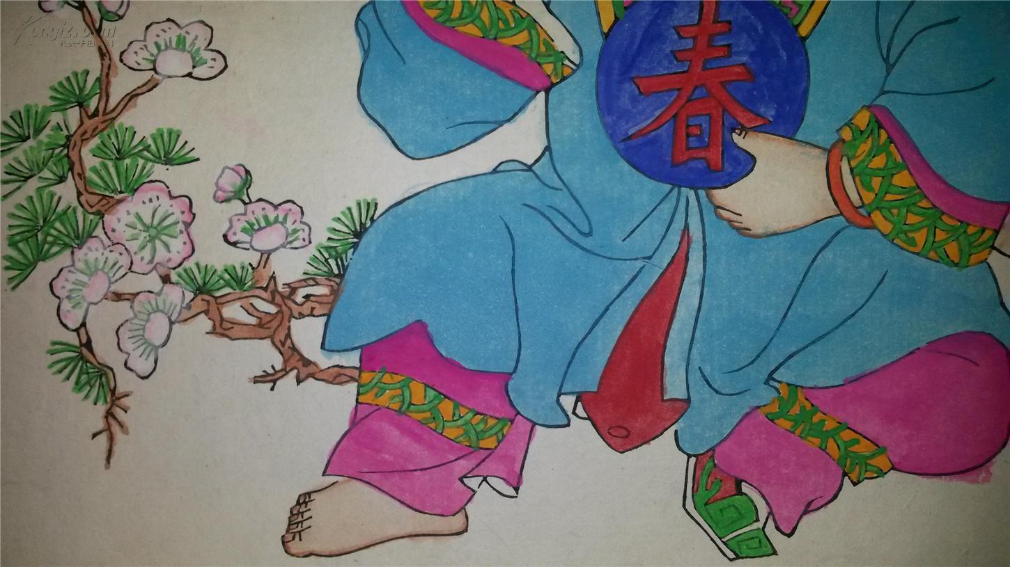 六七十年代杨柳青半印半绘木版年画版画*牧牛童子*已托裱