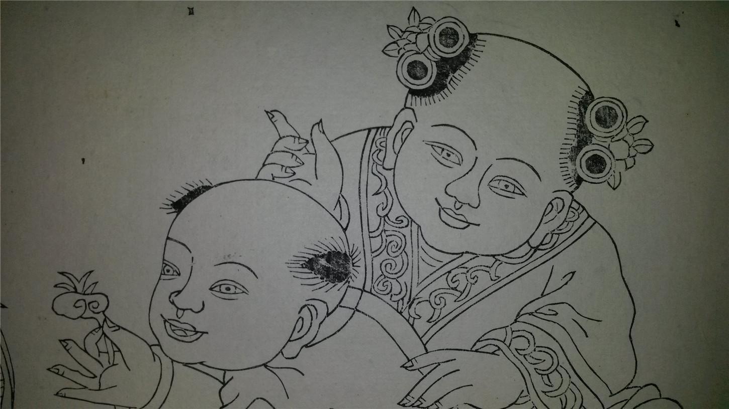 六七十年代杨柳青半印半绘木版年画版画凤凰童子线稿已托裱
