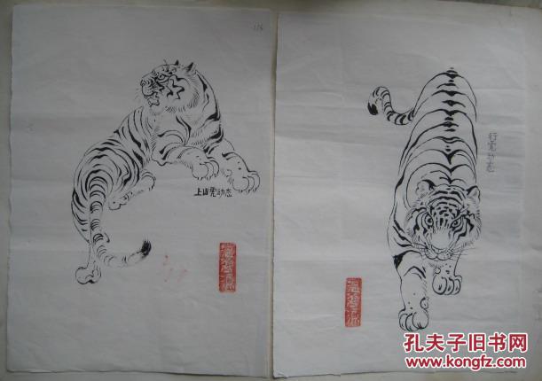 温鸿源老虎白描原稿13张(附《老虎画法》,温鸿源书信及请柬各一张)