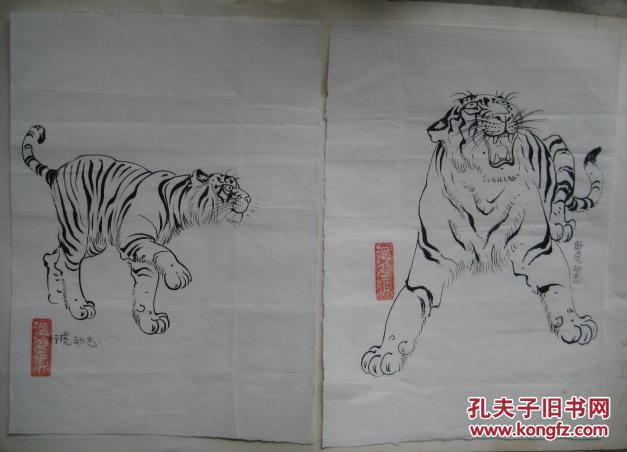 温鸿源老虎白描原稿13张(附《老虎画法》,温鸿源书信及请柬各一张)