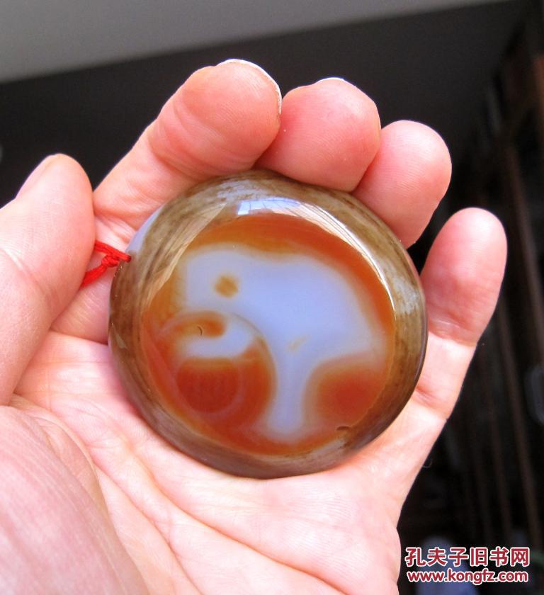 天然奇石缠丝玛瑙象形图案圆牌手把件礼品收藏品:等待