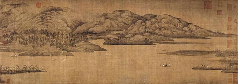 五代-董源-潇湘图卷-绢本-50x141z高仿真水墨复制品 名人字画 装饰