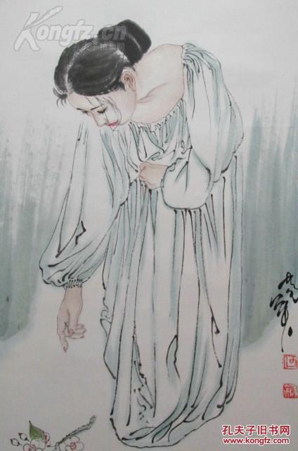 原裱天津美院教授何家英素描人物画"花自飘零",纯线条