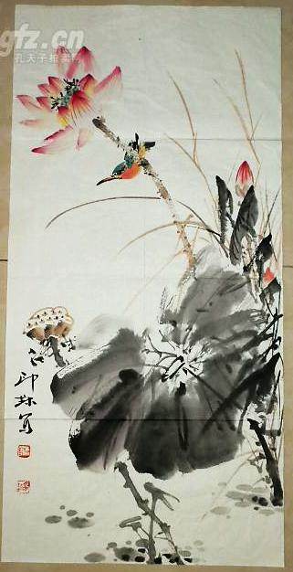 萧朗 绘 荷花翠鸟 68×33厘米