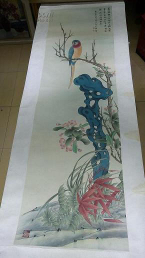当代工笔画名家 谷敬敏精绘《蔷薇石头八哥图 设色艳丽 包真迹